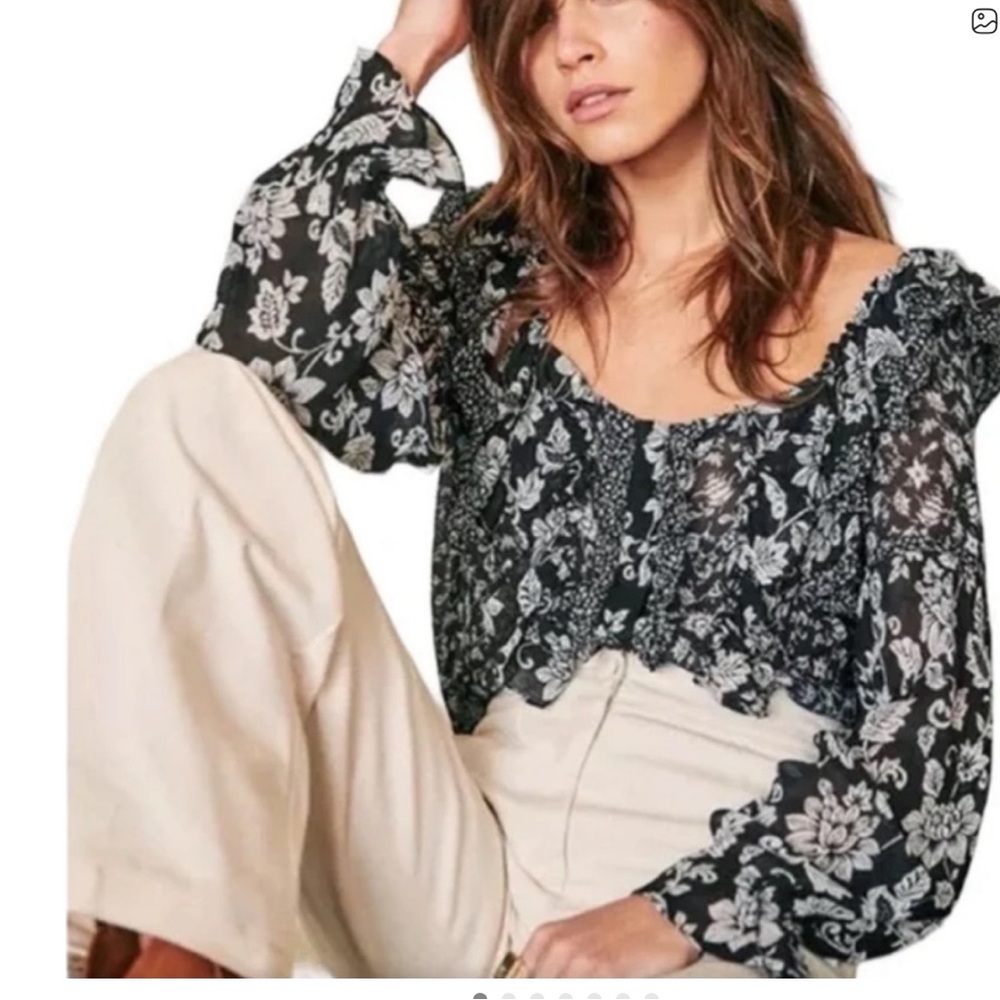 Sezane Jihane Top Black White Floral Viscose Silk Ruffled Blouse Size 4